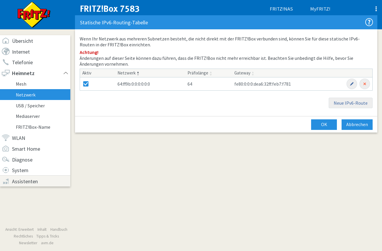 NAT64-Präfix in der
      Fritzbox als IPv6-Route eintragen